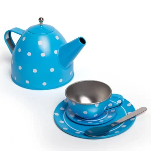 Online Blue Polka Dot Tin Tea Set Play Shop Cook And Share | Wooden Toy Food Sets