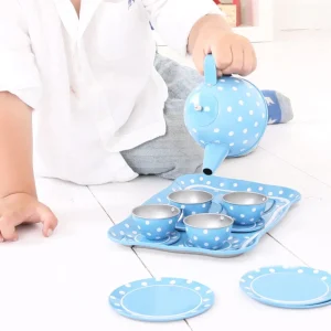 Online Blue Polka Dot Tin Tea Set Play Shop Cook And Share | Wooden Toy Food Sets