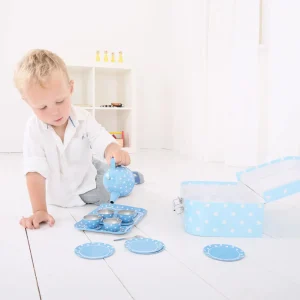 Online Blue Polka Dot Tin Tea Set Play Shop Cook And Share | Wooden Toy Food Sets