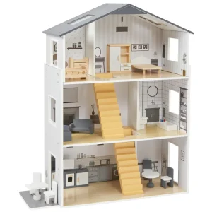 Online Contemporary Dolls House with 18 Handcrafted Wood Furniture Accessories Wooden Doll’s Houses | Traditional Wooden Toys