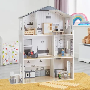 Online Contemporary Dolls House with 18 Handcrafted Wood Furniture Accessories Wooden Doll’s Houses | Traditional Wooden Toys