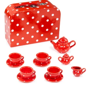 New Red Polka Dot Porcelain Tea Set Play Shop Cook And Share | Wooden Toy Food Sets