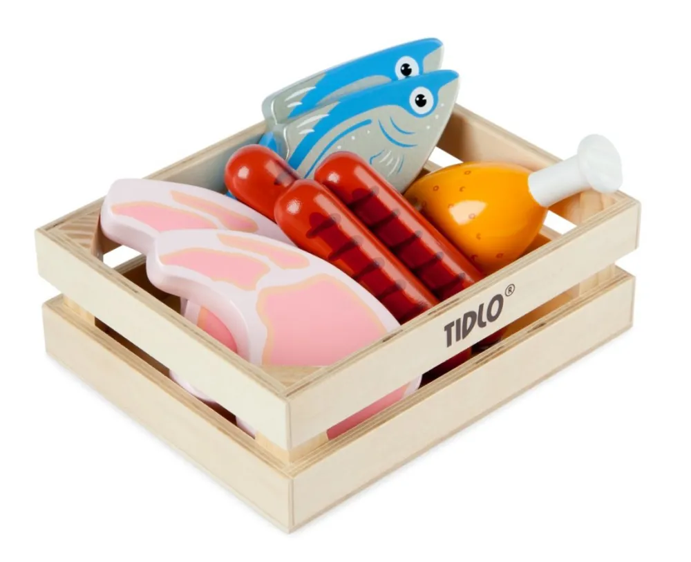 tidlo_wooden_meat_and_fis_0.webp Sale Wooden Meat and Fish Play Shop Cook And Share | Wooden Toy Food Sets